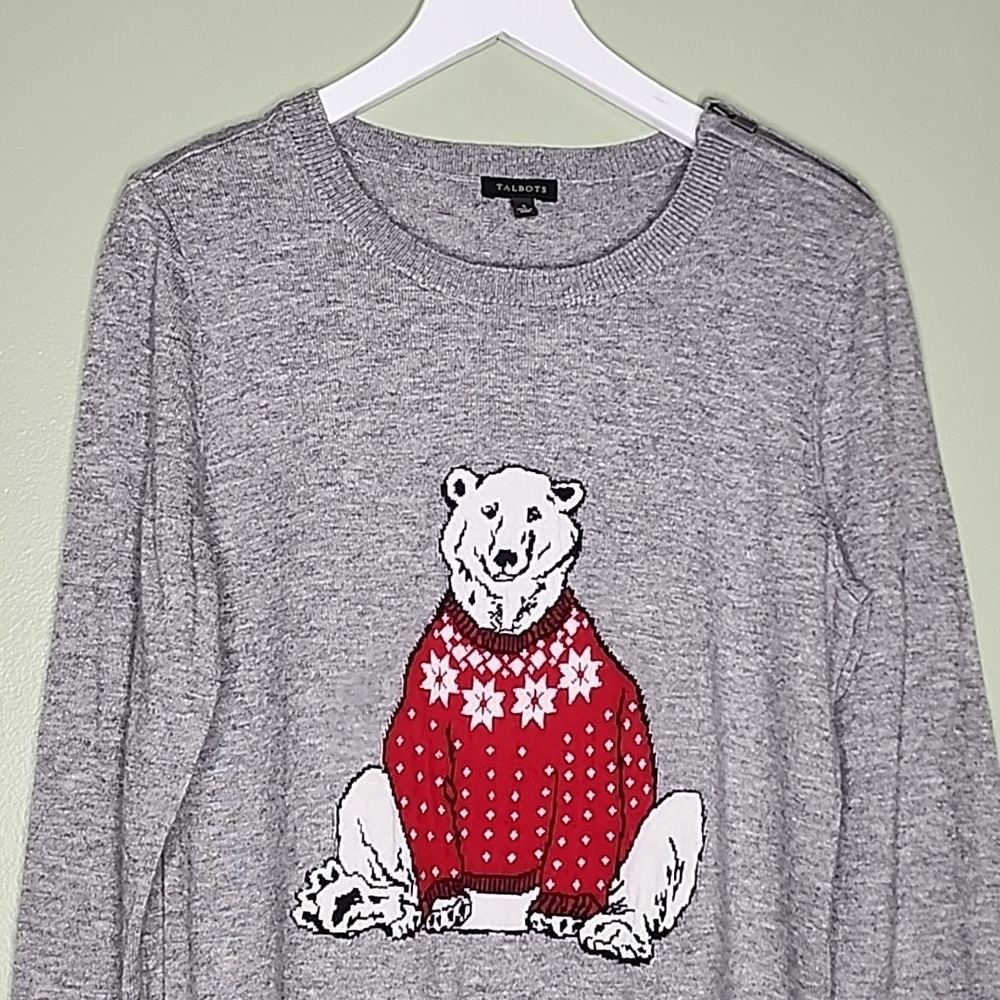Talbots Lambswool Blend Christmas Sweater Gray Polar Bear Holiday Pullover S